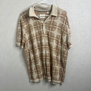 Billy Reid Knit Polo Shirt XL Tan Cream Patterned Short Sleeve Luxury Men